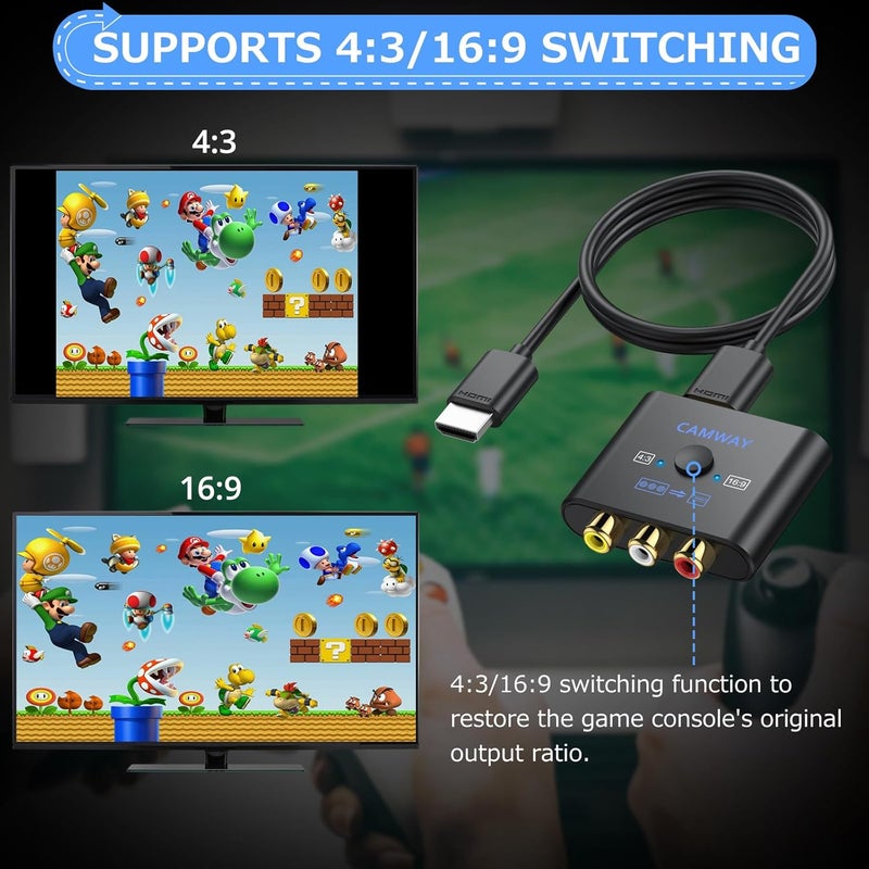 CAMWAY محول RCA إلى HDMI - تحويل 16:9/4:3 محول AV إلى HDMI بدقة 1080P لجهاز Wii/PS1/PS2/N64/X-box/DVD/VCR، محول فيديو وصوت CVBS مع كابل HDMI يدعم PAL و NTSC - Image 4